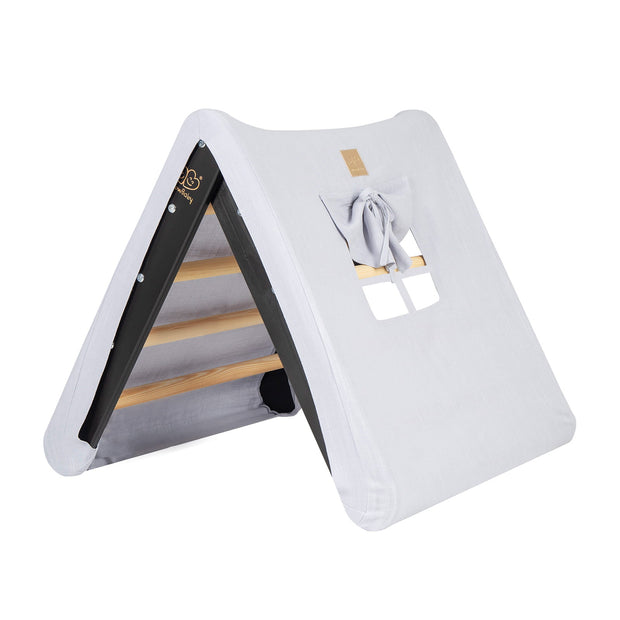 MeowBaby houten klimrek voor kinderen zwart met blauw-grijze katoenen tent cover