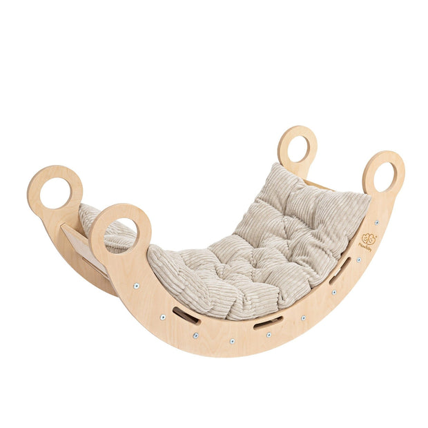 MeowBaby Houten Schommelstoel voor Kinderen met beige kussen en ronde handgrepen