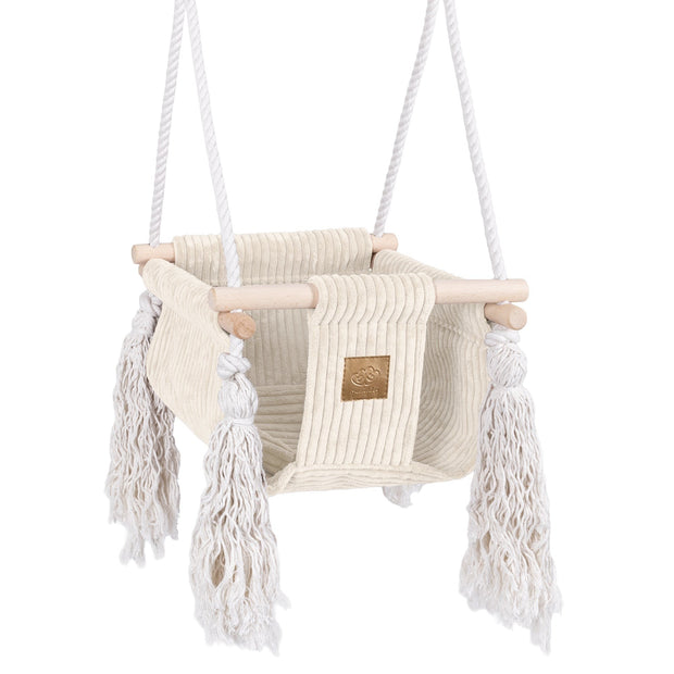 MeowBaby Indoor Baby Schommel Ecru van zacht katoen met stevige houten basis en veiligheidsgordel