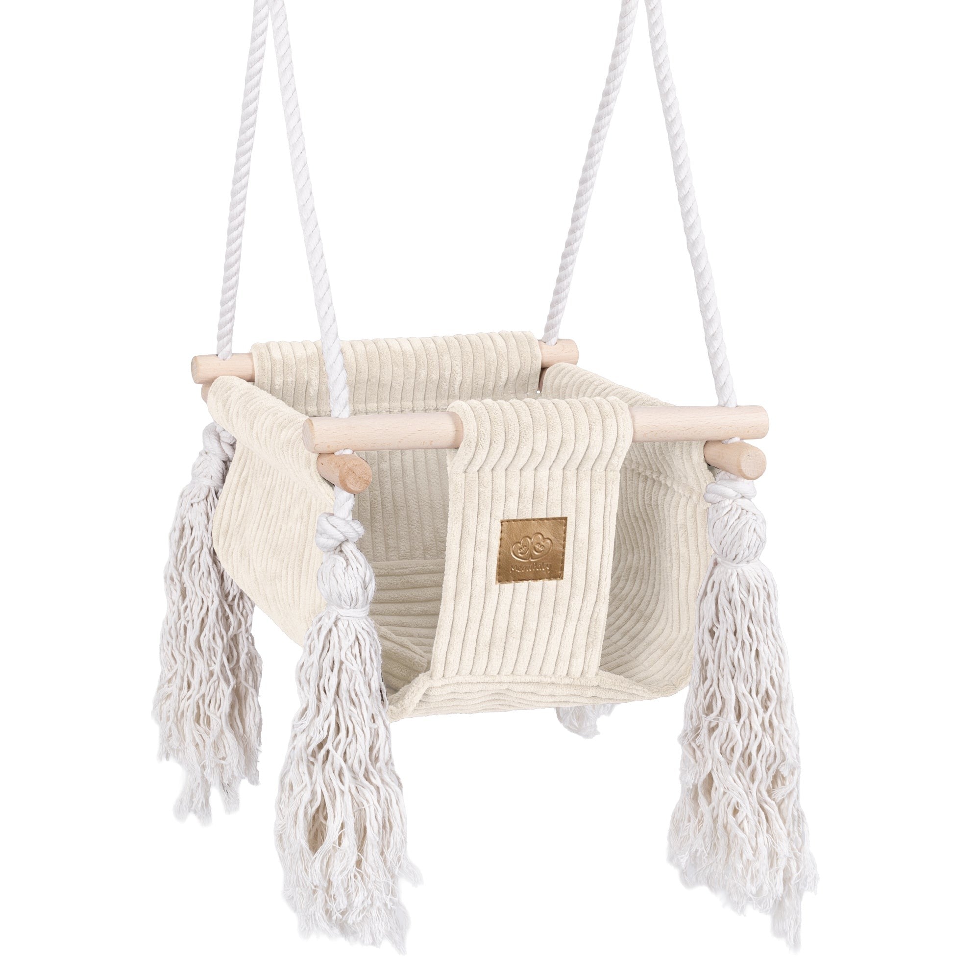 MeowBaby Indoor Baby Schommel Ecru van zacht katoen met stevige houten basis en veiligheidsgordel