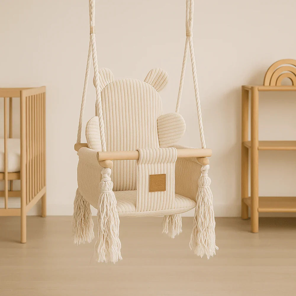 MeowBaby Indoor Baby Schommel Beer - Ecru zachte katoenen baby schommel in neutrale tinten