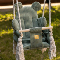 MeowBaby Indoor Baby Schommel Beer groen met zachte corduroy en veilig houten handvat