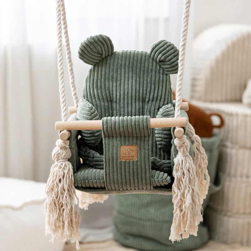 MeowBaby Indoor Baby Schommel Beer Groen van zacht katoen met stevige houten basis en touwen