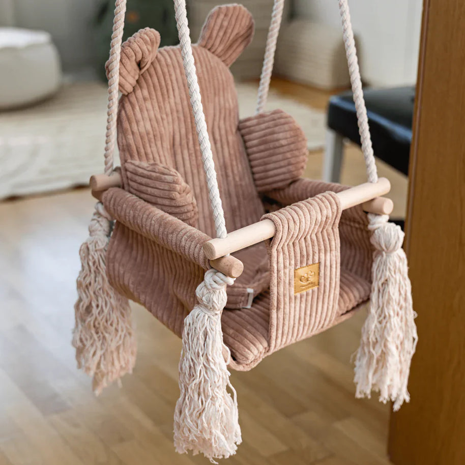 MeowBaby Indoor Baby Schommel Beer roze met zachte corduroy en stevige houten basis