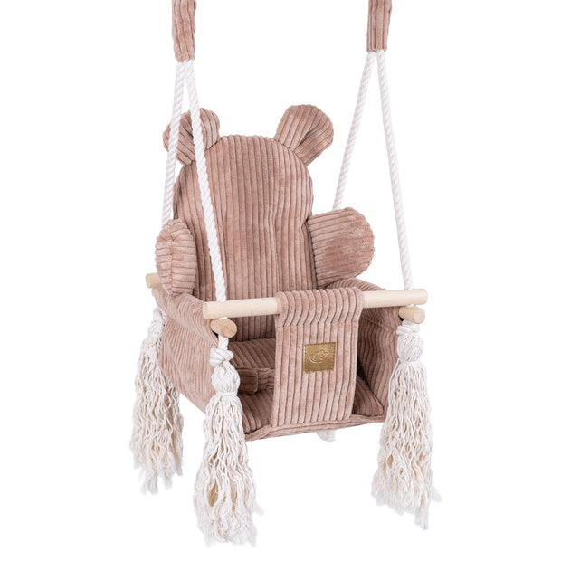 MeowBaby Indoor Baby Schommel Beer roze met zachte corduroy en veiligheidsgordel