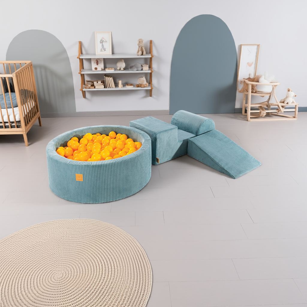 MeowBaby Speelset met Ballenbak Rib Blauw - Geel met 200 ballen in lichte kinderkamer