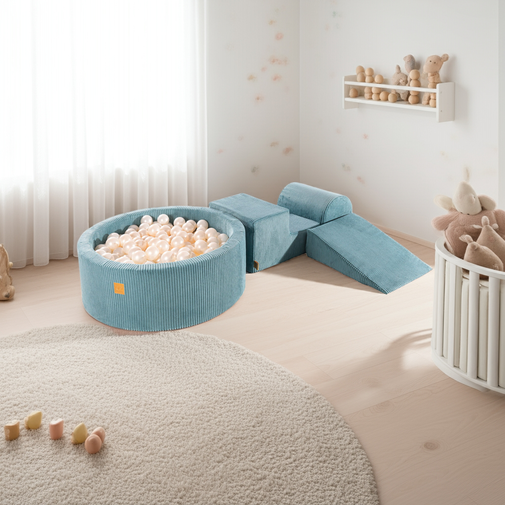 MeowBaby Speelset met Ballenbak Rib Blauw - Parelmoer in een lichte kinderkamer