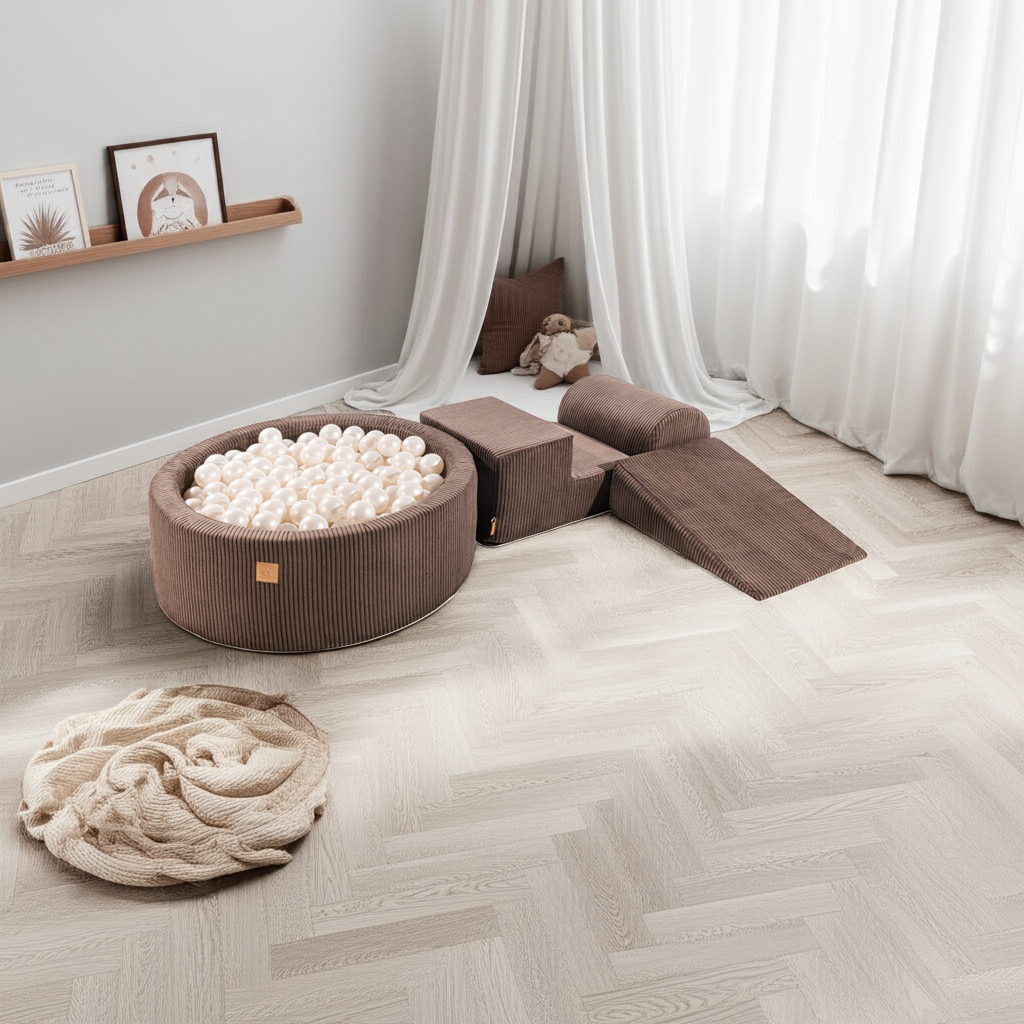 MeowBaby Speelset met Ballenbak Rib Bruin met parelmoeren ballen in lichte speelkamer