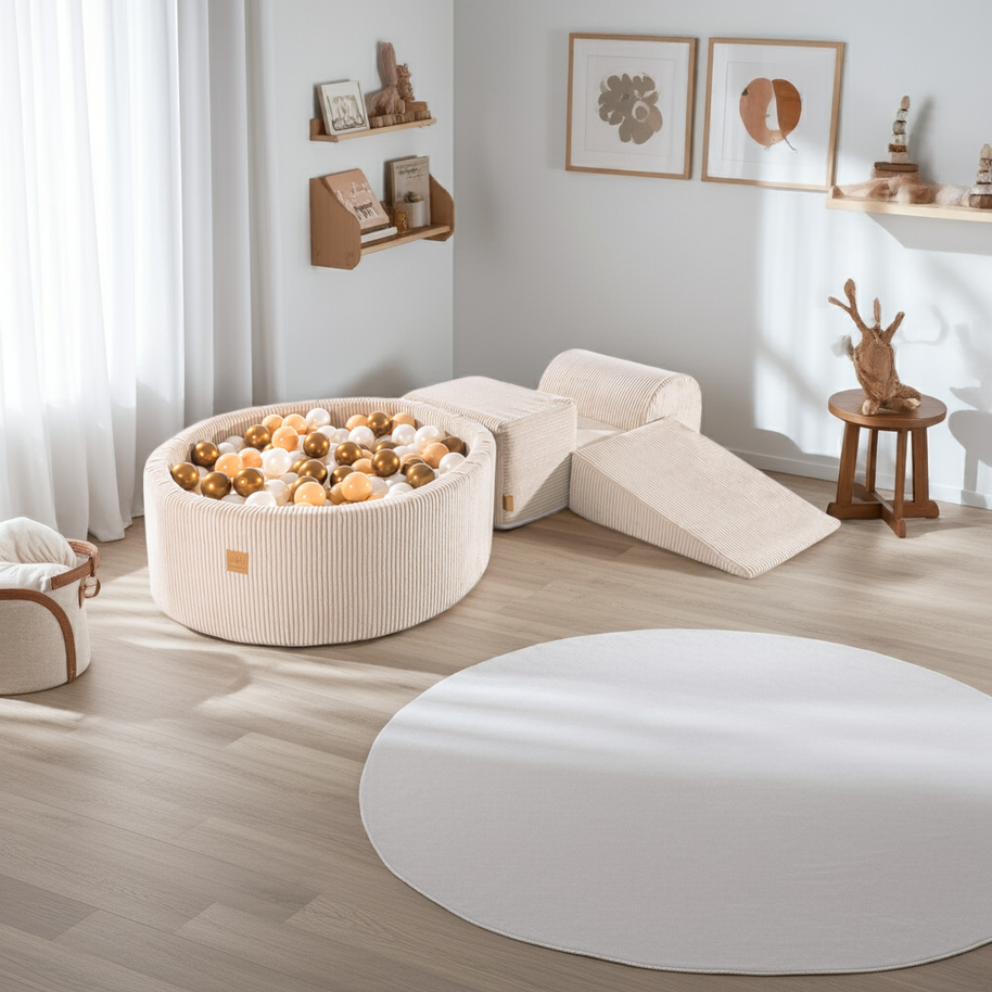 MeowBaby Speelset met Ballenbak Rib Ecru in beige, goud en parelmoer voor kinderen