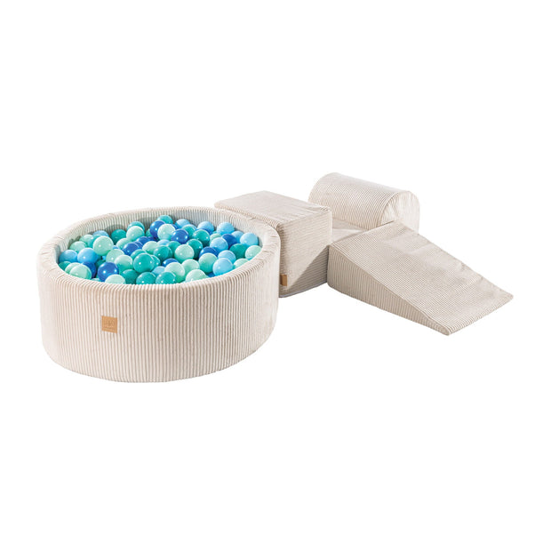MeowBaby Speelset met Ballenbak Rib Ecru - Blauw met zachte modulaire elementen en ballen