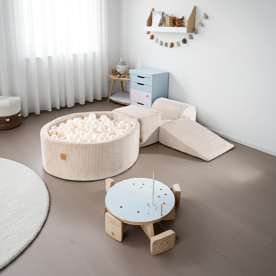 MeowBaby Speelset met Ballenbak Rib Ecru Parelmoer in lichte kinderkameromgeving