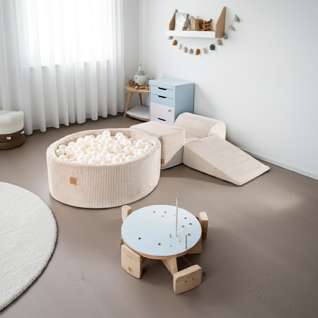 MeowBaby Speelset met Ballenbak Rib Ecru Parelmoer in lichte kinderkameromgeving