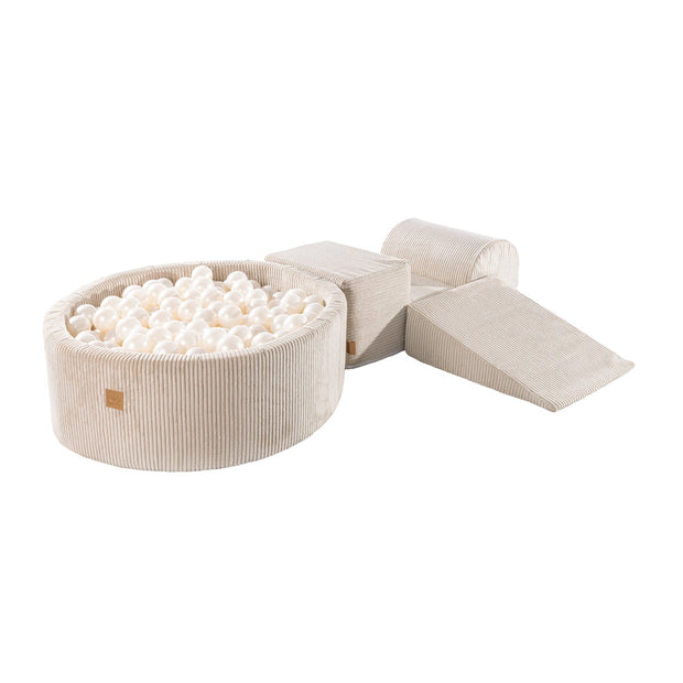 MeowBaby Speelset met Ballenbak Rib Ecru Parelmoer met 200 zachte ballen en schuimblokken