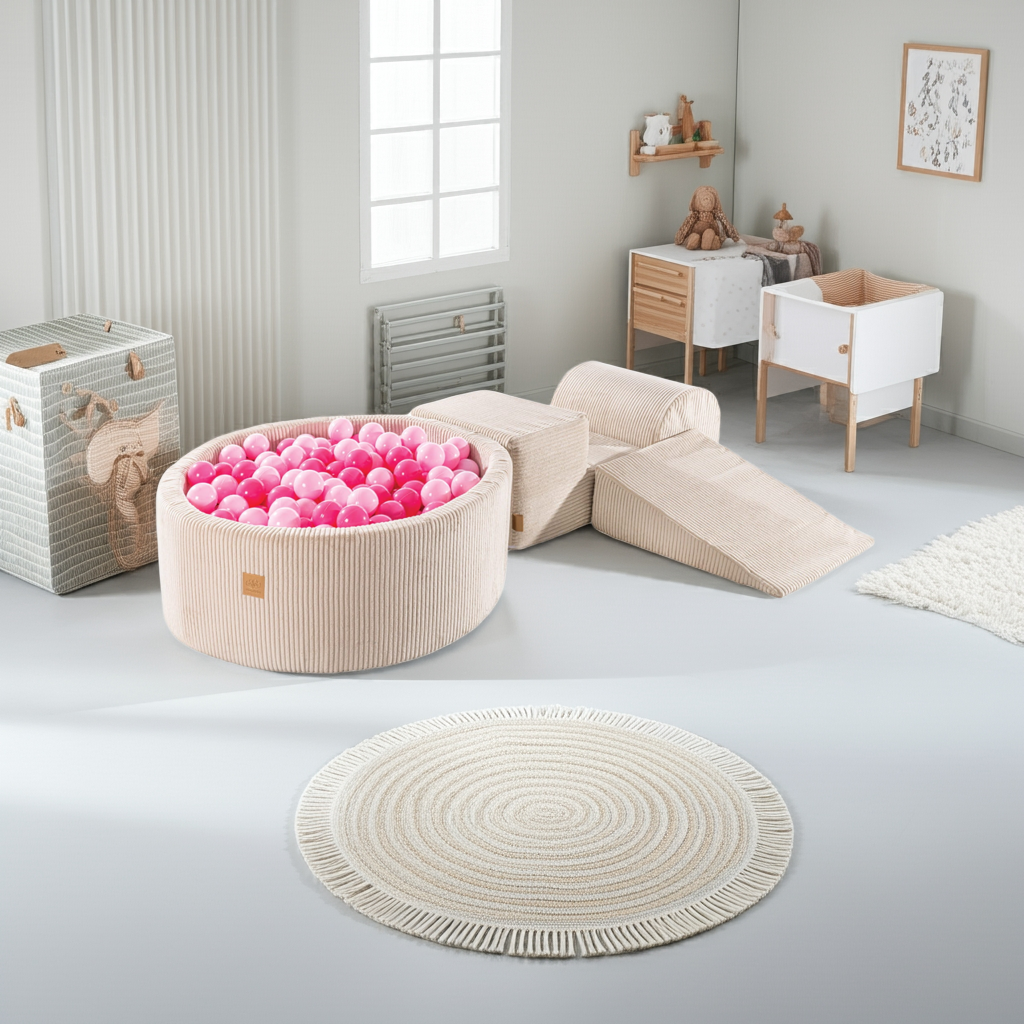 MeowBaby Speelset met Ballenbak Rib Ecru - Roze met zachte modules en 200 ballen indoors