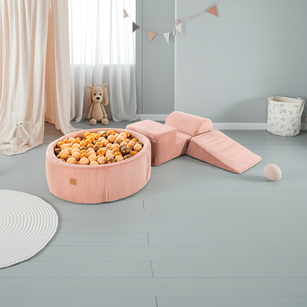 MeowBaby Speelset met Ballenbak Rib Roze in beige, goud en koper met 200 ballen in lichte kinderkamer