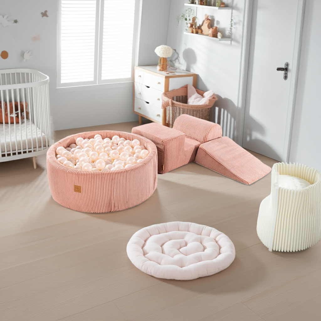 MeowBaby Speelset met Ballenbak Rib Roze Parelmoer inclusief 200 ballen in lichte kinderkamer