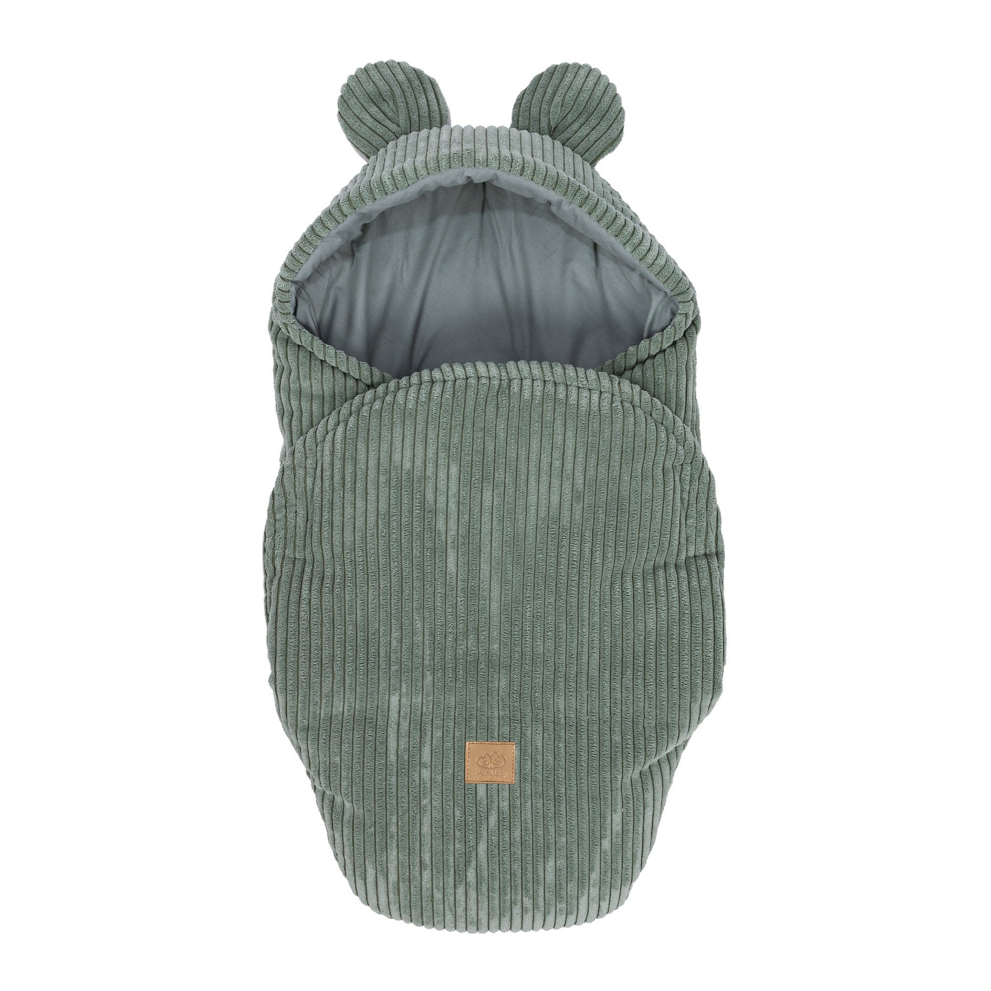 MeowBaby Wikkeldeken Rib Bear Olive Green met zachte ribcorduroy en schattige berenoortjes