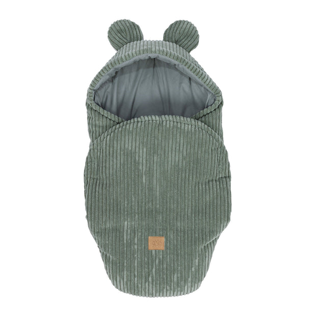 MeowBaby Wikkeldeken Rib Bear Olive Green met zachte ribcorduroy en schattige berenoortjes
