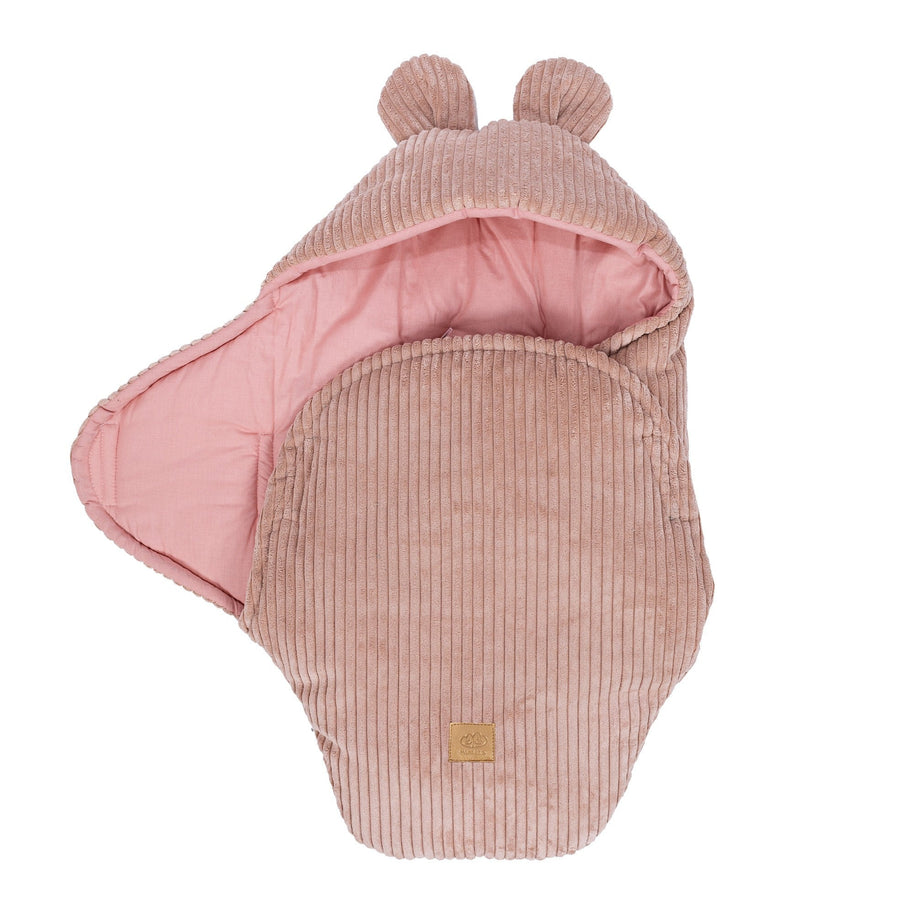 MeowBaby Wikkeldeken Rib Bear in powder pink met zachte ribcord en berenoor details