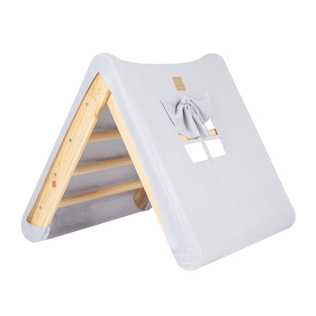 MeowBaby houten klimrek voor kinderen met blauw-grijze cover en speelhuisje design