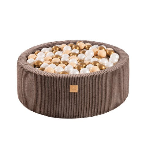MeowBaby Ballenbak Bruin Rib gevuld met 200 witte, gouden en koperen ballen