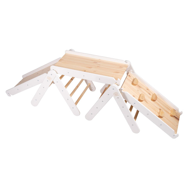 MeowBaby houten klimrek met glijbaan en klimset in wit en natuurlijk houtkleurige afwerking