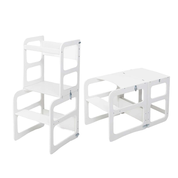 Montessori Houten Learning Tower 2in1 wit, om te vormen tot keukentoren of tafel met stoel.