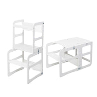 Montessori Houten Learning Tower 2in1 wit, om te vormen tot keukentoren of tafel met stoel.