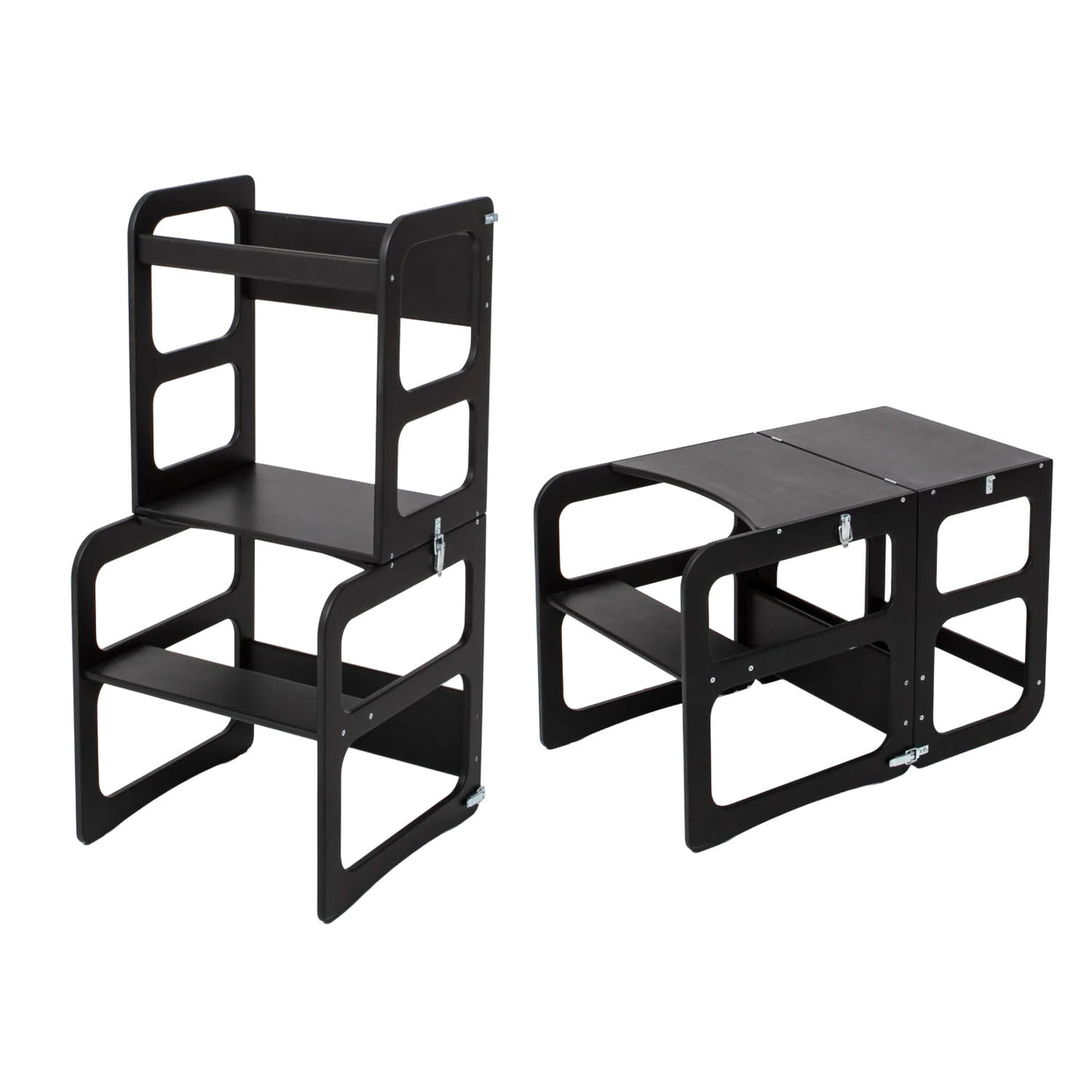 Montessori Houten Learning Tower 2in1 zwart, multifunctionele kinderkeukentoren en tafelstoel.