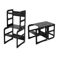 Montessori Houten Learning Tower 2in1 zwart, multifunctionele kinderkeukentoren en tafelstoel.