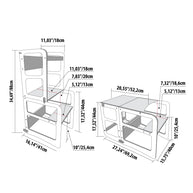 De Montessori Houten Leren Toren 2in1 - Hout getoond in twee opstellingen: als kinderstoel of als bureau en stoel combo, met gedetailleerde afmetingen in inches en centimeters. Ideaal als Montessori keukentoren of keuken opstapje.
