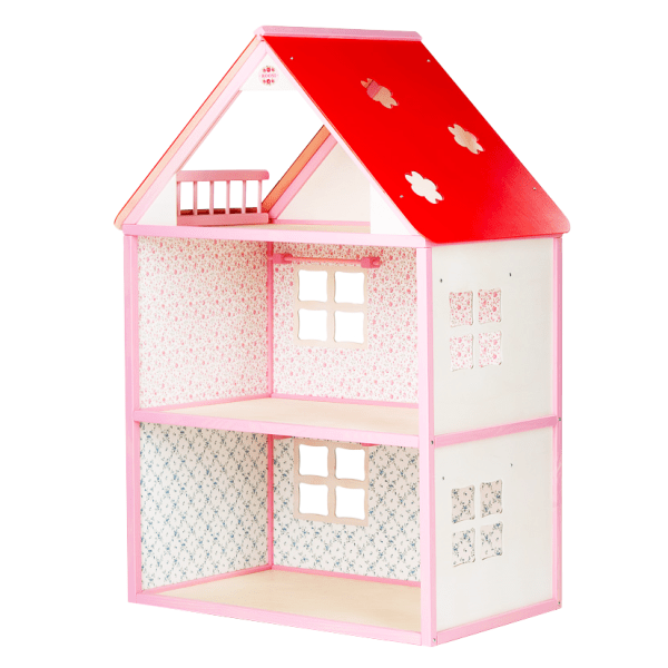 Roosi Poppenhuis City roze houten poppenhuis met Scandinavisch design en bloemenpatroon