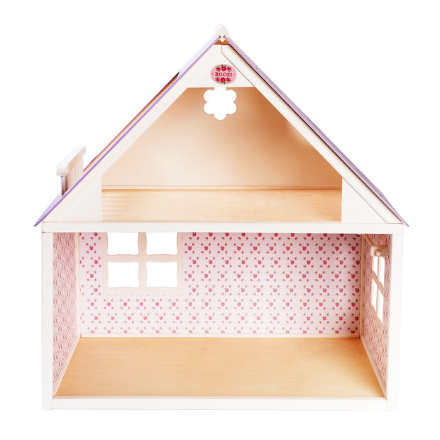Roosi Poppenhuis Country Wit houten poppenhuis met bloemenbehang en open kamers