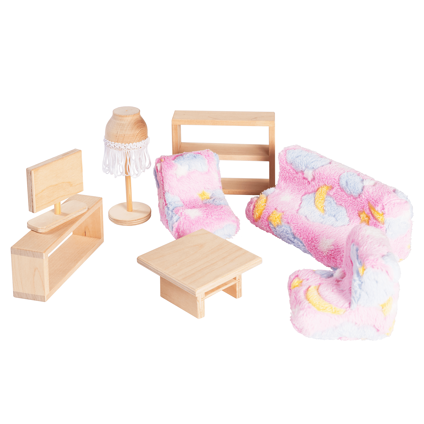 Roosi Poppenhuis Eetkamer Meubels Natural houten set met zachte roze bekleding en accessoires