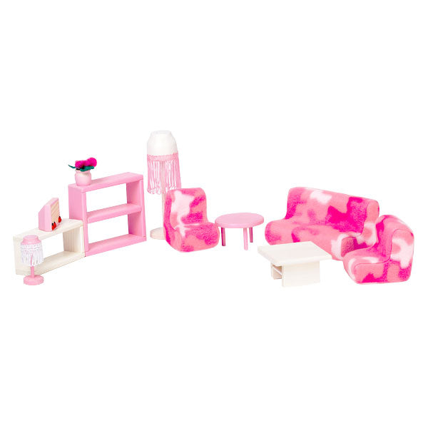 Roosi Poppenhuis Eetkamer Meubels roze wit houten meubels met bank en accessoires