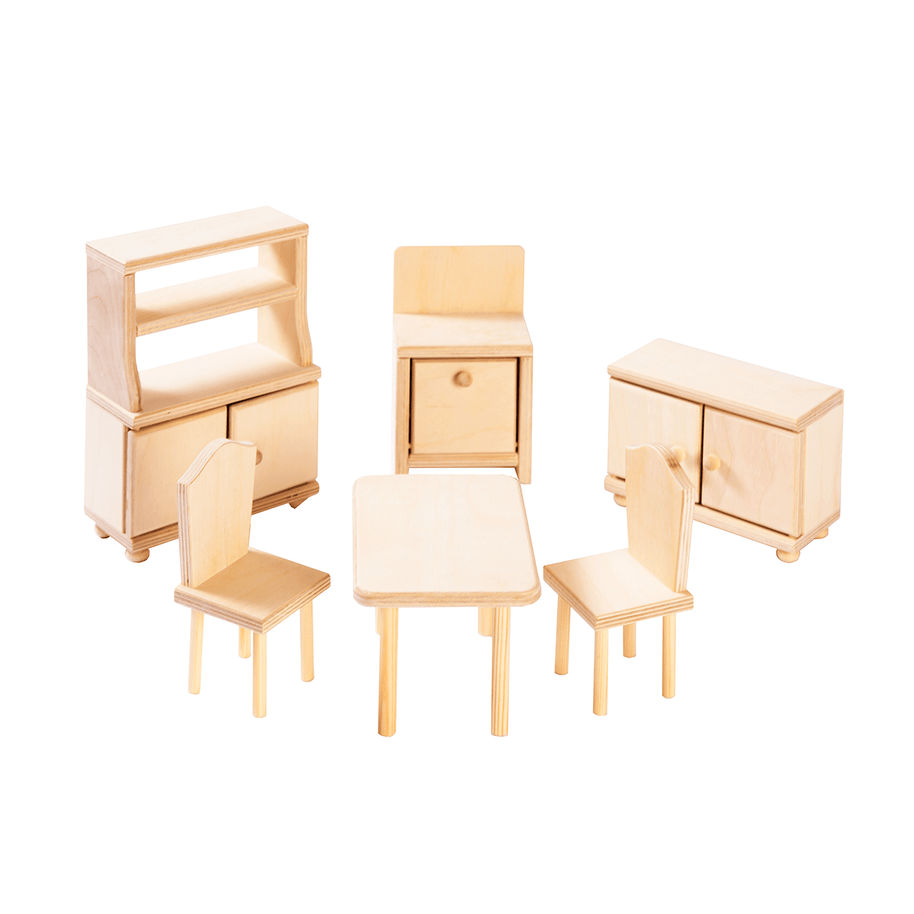 Roosi Poppenhuis Keukenmeubels Natural houten set met tafel, stoelen en kasten
