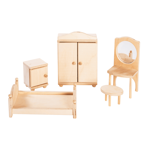 Roosi Poppenhuis Slaapkamer Meubels Natural set van handgemaakte houten meubeltjes
