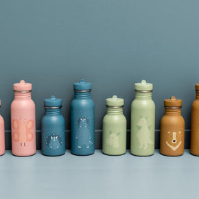 Drinkfles Mr. Triceratops - 350 ml in verschillende kleuren met dierenprint op een rijtje