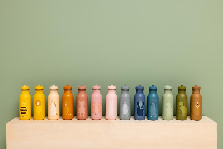 Drinkfles Mr. Triceratops - 350 ml in verschillende kleuren en designs op rij geplaatst