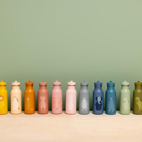 Drinkfles Mr. Triceratops - 350 ml in verschillende kleuren en designs op rij geplaatst