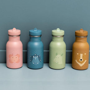 Drinkfles Mrs. Bunny - 350 ml in meerdere kleuren met dierenmotieven naast elkaar geplaatst