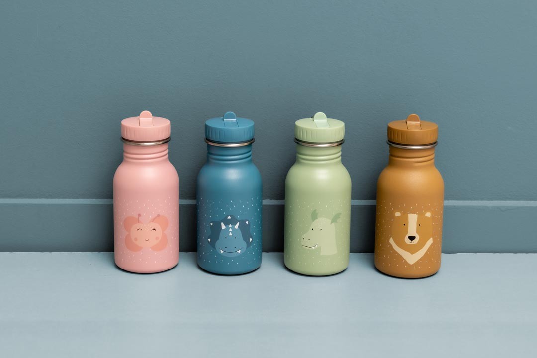 Drinkfles Mrs. Bunny - 350 ml in meerdere kleuren met dierenmotieven naast elkaar geplaatst