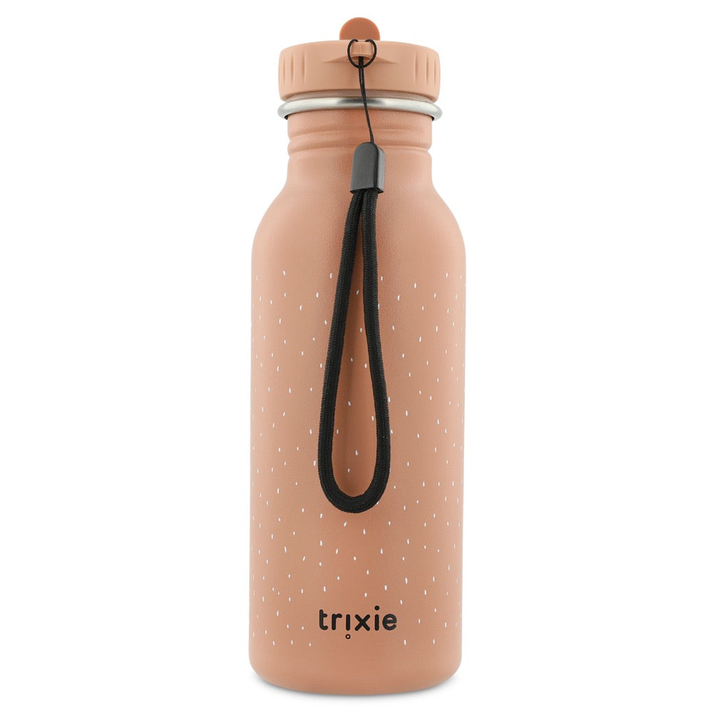 Drinkfles Mrs. Cat - 500 ml in beige met zwart draagkoord en klein wit stippelpatroon