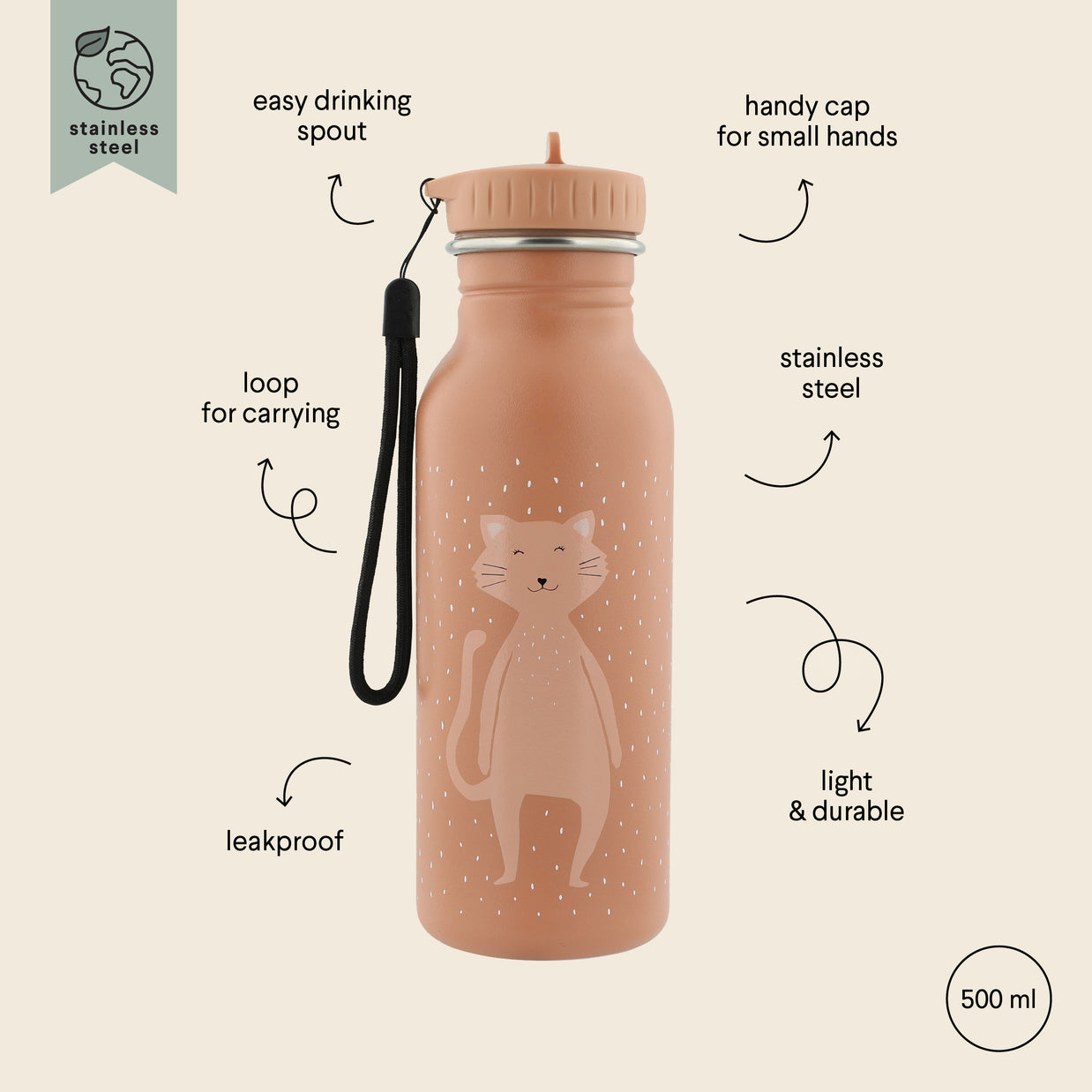 Drinkfles Mrs. Cat - 500 ml met kattenprint, lekvrij en roestvrij staal, handig in gebruik