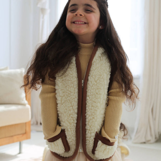 Merino wollen bodywarmer met capuchon kind - Beige met bruine rand