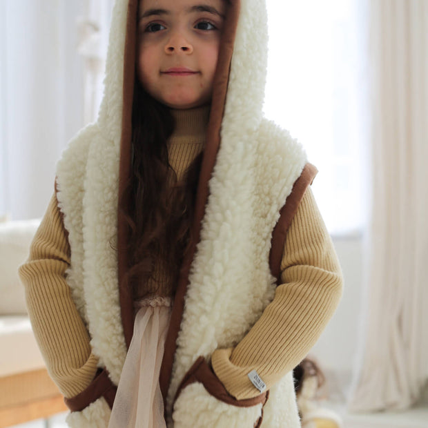 Merino wollen bodywarmer met capuchon kind - Beige met bruine rand