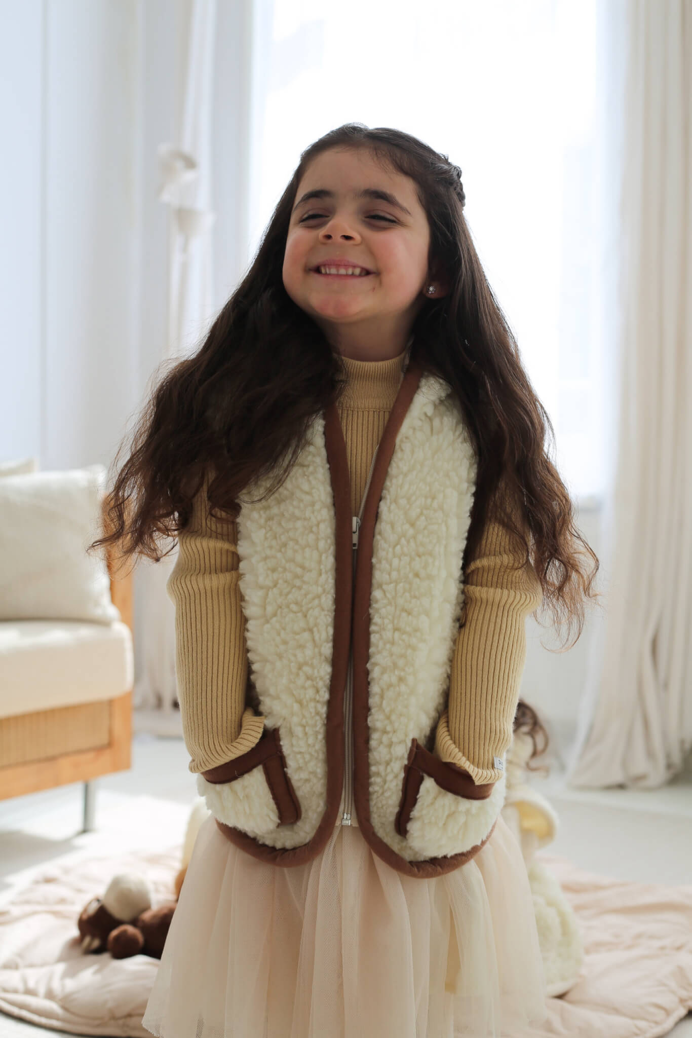 Merino wollen bodywarmer met capuchon kind - Beige met bruine rand