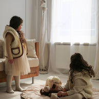 Merino wollen bodywarmer met capuchon kind - Beige met bruine rand