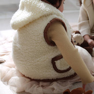 Merino wollen bodywarmer met capuchon kind - Beige met bruine rand