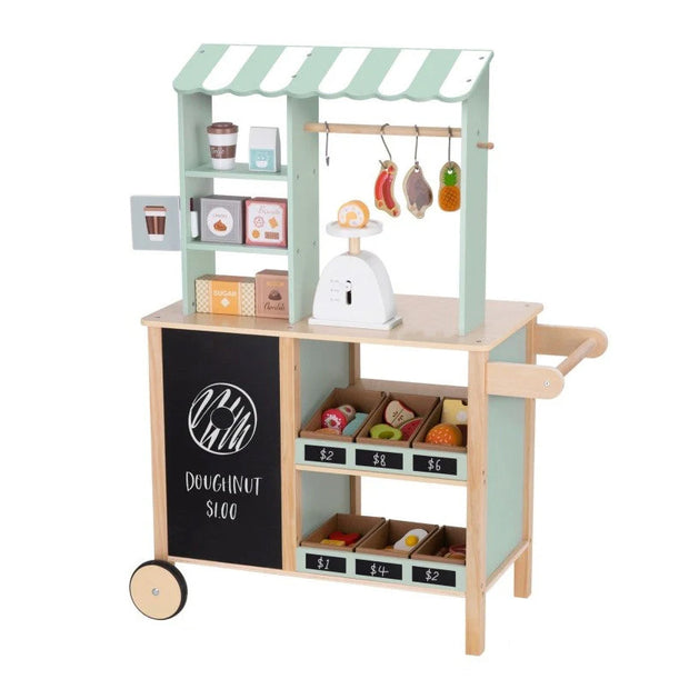 Houten food truck stand groot - 73 stuks met weegschaal en speelvoedselartikelen